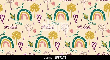 Motif de caniche dessiné à la main, style de peinture à l'encre boho minimaliste, arc-en-ciel, coeur, images de fleurs, lettrage, vert foncé, couleur rose Illustration de Vecteur