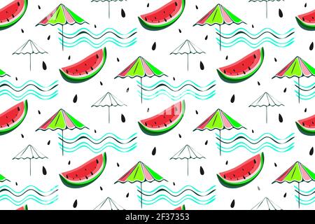 Motif vectoriel sans couture dessiné à la main, style minimaliste d'été, mer, pastèque transparente, vague, images lumineuses de parapluie, palette de couleurs vert et rose Illustration de Vecteur