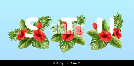 Lettres S T U entourées de feuilles tropicales d'été et de fleurs d'hibiscus rouges. Police tropicale pour la décoration d'été. Illustration vectorielle Illustration de Vecteur