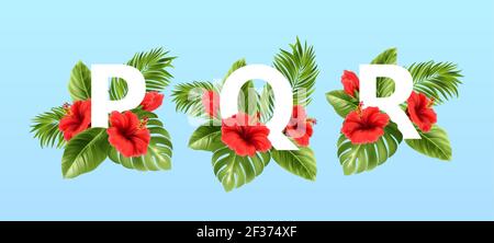 Les lettres P Q R sont entourées de feuilles tropicales d'été et de fleurs d'hibiscus rouges. Police tropicale pour la décoration d'été. Illustration vectorielle Illustration de Vecteur