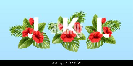 Lettres J K L entourées de feuilles tropicales d'été et de fleurs d'hibiscus rouges. Police tropicale pour la décoration d'été. Illustration vectorielle Illustration de Vecteur