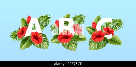 A B C lettres entourées de feuilles tropicales d'été et de fleurs d'hibiscus rouges. Police tropicale pour la décoration d'été. Illustration vectorielle Illustration de Vecteur