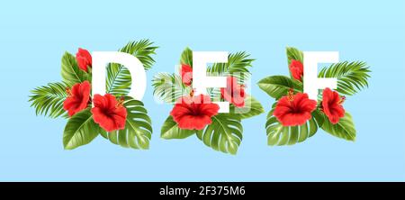 A B C lettres entourées de feuilles tropicales d'été et de fleurs d'hibiscus rouges. Police tropicale pour la décoration d'été. Illustration vectorielle Illustration de Vecteur