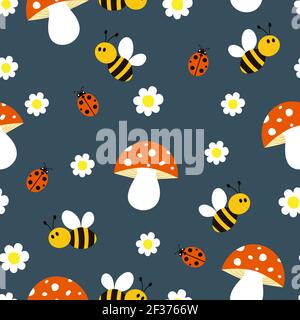 Motif puéril sans coutures avec des abeilles, des champignons, des coccinelles et des pâquerettes mignons. Banque D'Images