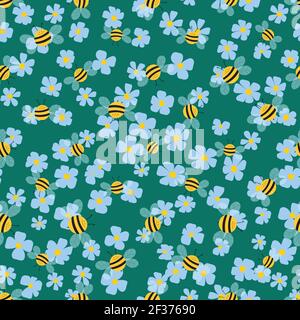 Motif sans couture avec fleurs et abeilles sur fond de couleur. Adorables personnages de dessin animé. Modèle pour invitation, cartes, textile, tissu Illustration de Vecteur