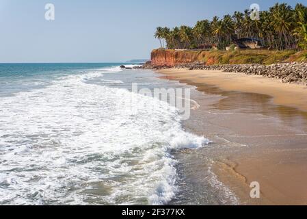 Belle plage à Varkala, Inde: Vagues de mer mousseuse, sable, et palmiers. Village d'Edava, Kerala, Inde. Banque D'Images