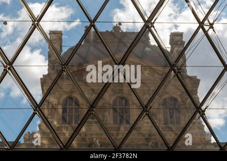 Musée du Louvre depuis l'arrière du mur de verre et sous un ciel nuageux Banque D'Images