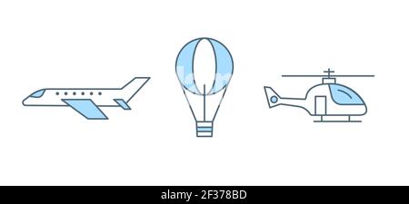 Ensemble de trois types d'illustration de ligne plane vecteur de transport aérien isolée sur fond blanc. Icônes de contour d'avion, de ballon d'air et d'hélicoptère. Transport aérien, concept de transport. Illustration de Vecteur