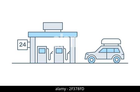 Station-service et voiture avec bagages sur le toit Vector ligne plate illustration isolée sur fond blanc. station-service 24 heures sur 24 pour l'application mobile ou la conception de sites web. Illustration de Vecteur