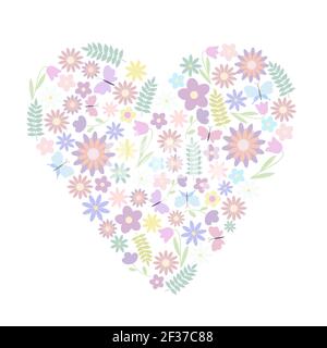 Pâques floral coeur composition pastel papillons, joli arrangement de fleurs, style plat vecteur illustration printemps décor de fête pour carte de voeux, affiche, bannières, web design Illustration de Vecteur