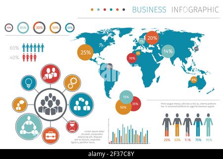 Business People World Map illustration vectorielle de l'infographie, carte d'entreprise avec graphique et graphique d'éléments. Mappage de modèle avec rapport de données Illustration de Vecteur