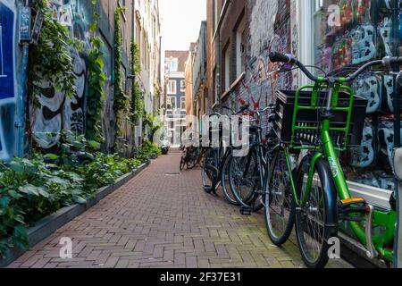 Rangée de bicyclettes garées dans une allée vide avec graffiti sur les murs Banque D'Images