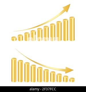 Graphique à barres Golden Cylinders avec flèches montantes et décroissantes. Symboles de taux de croissance et de réduction. Éléments du graphique à colonnes pour l'infographie statistique de la finance. Illustration 3d vectorielle. Illustration de Vecteur