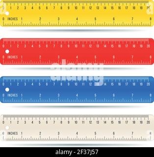 Jeu de vecteurs d'école de couleur en centimètres et pouces. Illustration de l'outil règle de couleur fixe Illustration de Vecteur