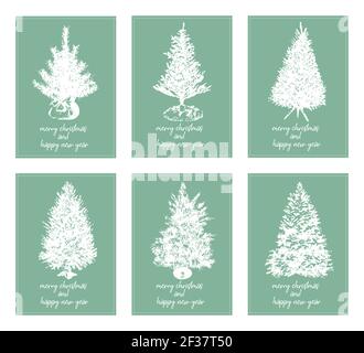 Six affiches minimalistes typographie joyeux noël et bonne année avec différents arbres de noël - vecteur Illustration de Vecteur
