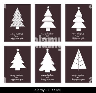Six affiches minimalistes typographie joyeux noël et bonne année avec différents arbres de noël - vecteur Illustration de Vecteur