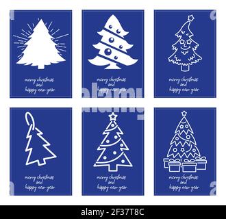 Six affiches minimalistes typographie joyeux noël et bonne année avec différents arbres de noël - vecteur Illustration de Vecteur