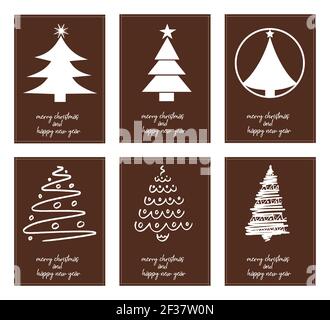 Six affiches minimalistes typographie joyeux noël et bonne année avec différents arbres de noël - vecteur Illustration de Vecteur