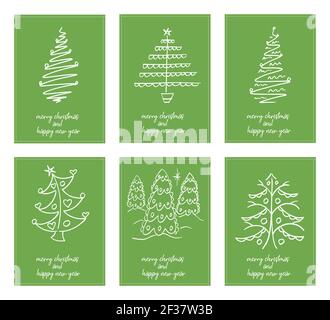 Six affiches minimalistes typographie joyeux noël et bonne année avec différents arbres de noël - vecteur Illustration de Vecteur
