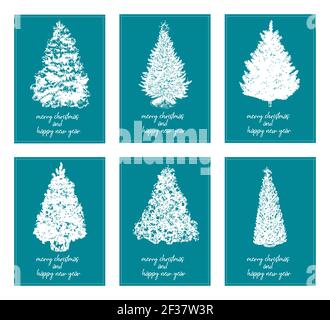Six affiches minimalistes typographie joyeux noël et bonne année avec différents arbres de noël - vecteur Illustration de Vecteur