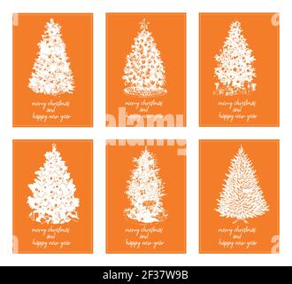 Six affiches minimalistes typographie joyeux noël et bonne année avec différents arbres de noël - vecteur Illustration de Vecteur