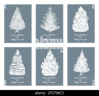 Six affiches minimalistes typographie joyeux noël et bonne année avec différents arbres de noël - vecteur Illustration de Vecteur