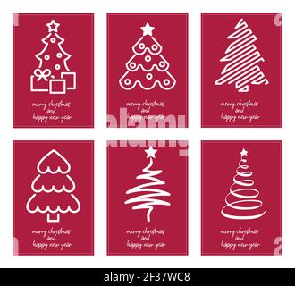 Six affiches minimalistes typographie joyeux noël et bonne année avec différents arbres de noël - vecteur Illustration de Vecteur