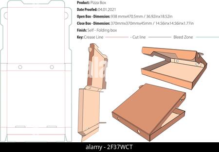 Boîte à pizza modèle d'emballage grand format à serrure automatique à matrice à vecteur Illustration de Vecteur