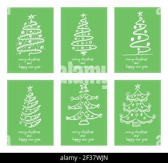 Six affiches minimalistes typographie joyeux noël et bonne année avec différents arbres de noël - vecteur Illustration de Vecteur