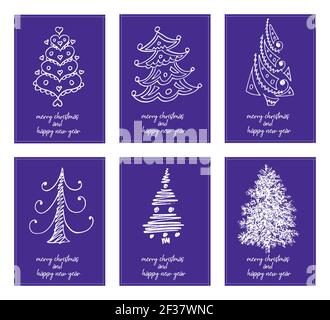 Six affiches minimalistes typographie joyeux noël et bonne année avec différents arbres de noël - vecteur Illustration de Vecteur