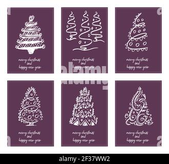 Six affiches minimalistes typographie joyeux noël et bonne année avec différents arbres de noël - vecteur Illustration de Vecteur