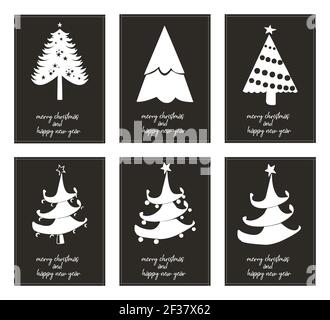 Six affiches minimalistes typographie joyeux noël et bonne année avec différents arbres de noël - vecteur Illustration de Vecteur