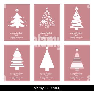 Six affiches minimalistes typographie joyeux noël et bonne année avec différents arbres de noël - vecteur Illustration de Vecteur