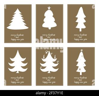 Six affiches minimalistes typographie joyeux noël et bonne année avec différents arbres de noël - vecteur Illustration de Vecteur
