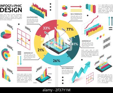 Modèle graphique graphique graphique graphique graphique isométrique et coloré avec diagramme circulaire du cycle graphique flèches illustration du vecteur de données Illustration de Vecteur