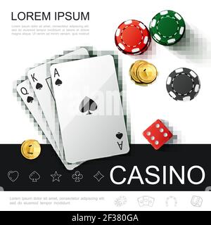 Concept réaliste de vue de dessus de casino avec des jetons de cartes de jeu de poker illustration vectorielle de dés de jeu et de pièces d'or Illustration de Vecteur