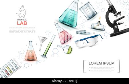 Modèle réaliste d'éléments de recherche en laboratoire avec tubes à essai à flacons en verre lampe à alcool brûleur microscope entonnoir lunettes de laboratoire illustration vectorielle Illustration de Vecteur