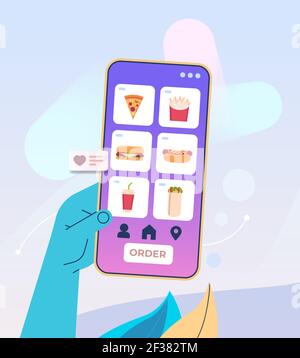 main humaine utilisant l'application mobile pour commander des produits alimentaires livraison rapide achat en ligne e-commerce alimentaire concept Illustration de Vecteur