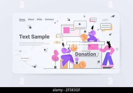 des hommes d'affaires qui font don d'argent pour des gens d'affaires qui mettent des pièces de monnaie dans le cadre d'un nouveau projet dans la boîte de don crowdfunding concept Illustration de Vecteur