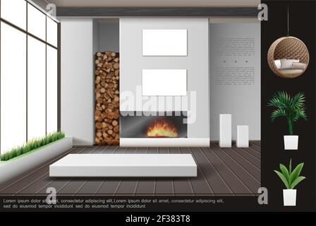 Concept réaliste d'intérieur de salon avec éléments de décoration de cheminée suspendus chaise en osier oreillers plantes et herbe dans les pots de fleurs illustration vectorielle Illustration de Vecteur