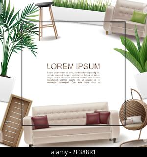 Modèle intérieur réaliste avec cadre pour porte en bois canapé oreillers en osier et chaises de bar fauteuil herbe et plantes dans les pots de fleurs vecteur ill Illustration de Vecteur
