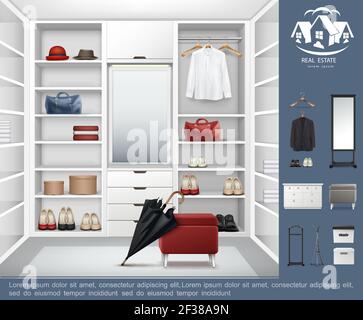 Concept réaliste de chambre moderne avec étagères tiroirs plein de accessoires vestiaires pour hommes et femmes et vestiaires vecteur illustrateur Illustration de Vecteur