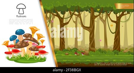 Champignons plats comestibles concept coloré avec différents champignons poussant dans illustration vectorielle de forêt d'été Illustration de Vecteur