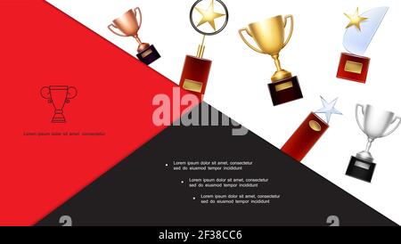 Trophées et récompenses colorés avec coupes en bronze argenté doré et des prix avec des étoiles dans une illustration vectorielle de style réaliste Illustration de Vecteur