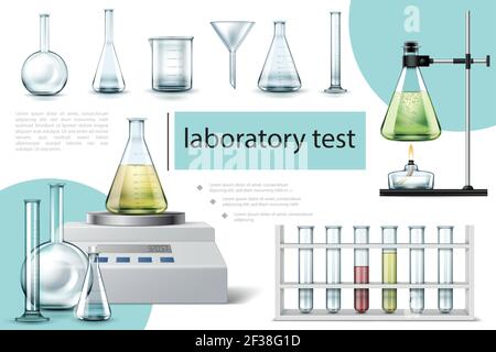 Composition réaliste des outils de laboratoire avec des tubes et des flacons de différents formes bécher balances électroniques brûleur à alcool illustration vectorielle Illustration de Vecteur