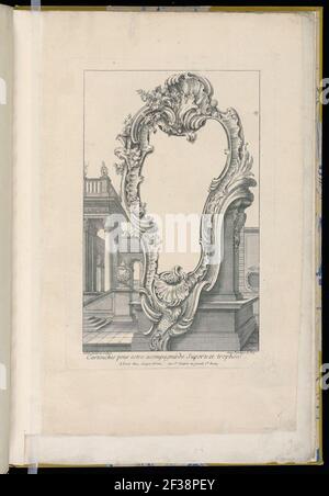 Print, Cartouche placée devant un piédestal avec des bâtiments en arrière-plan, 1700–1775 Banque D'Images