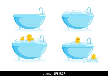 Baignoire avec canard en caoutchouc dans les suds. Ensemble avec baignoires et canards jaunes dans des bulles et des suds. Illustration vectorielle de style dessin animé Illustration de Vecteur