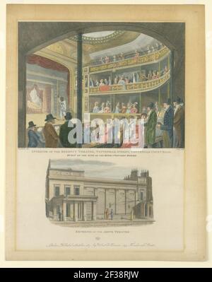 Vues imprimées, intérieures et extérieures du Regency Theatre, Tottenham Street, Londres, 1817 Banque D'Images