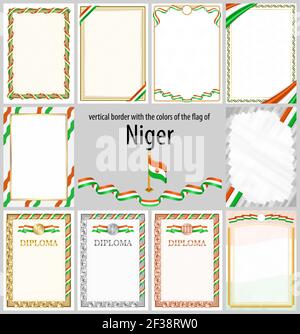 Ensemble de cadres et de bordures verticaux aux couleurs du drapeau du Niger, éléments modèles pour votre certificat et diplôme. Vecteur. Illustration de Vecteur
