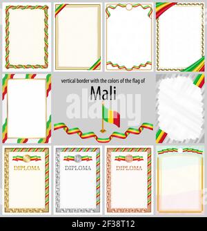 Ensemble de cadres et de bordures verticaux aux couleurs du drapeau du Mali, éléments modèles pour votre certificat et diplôme. Vecteur. Illustration de Vecteur